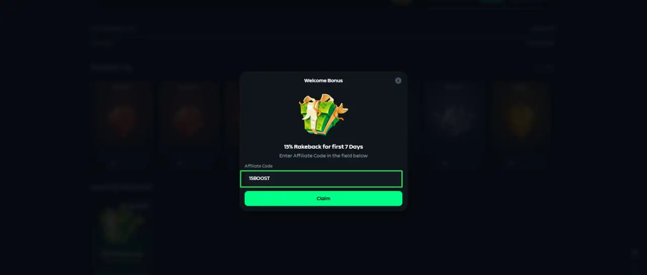 Gamdom Welcome Bonus window with affiliate code 15BOOST entered before claiming