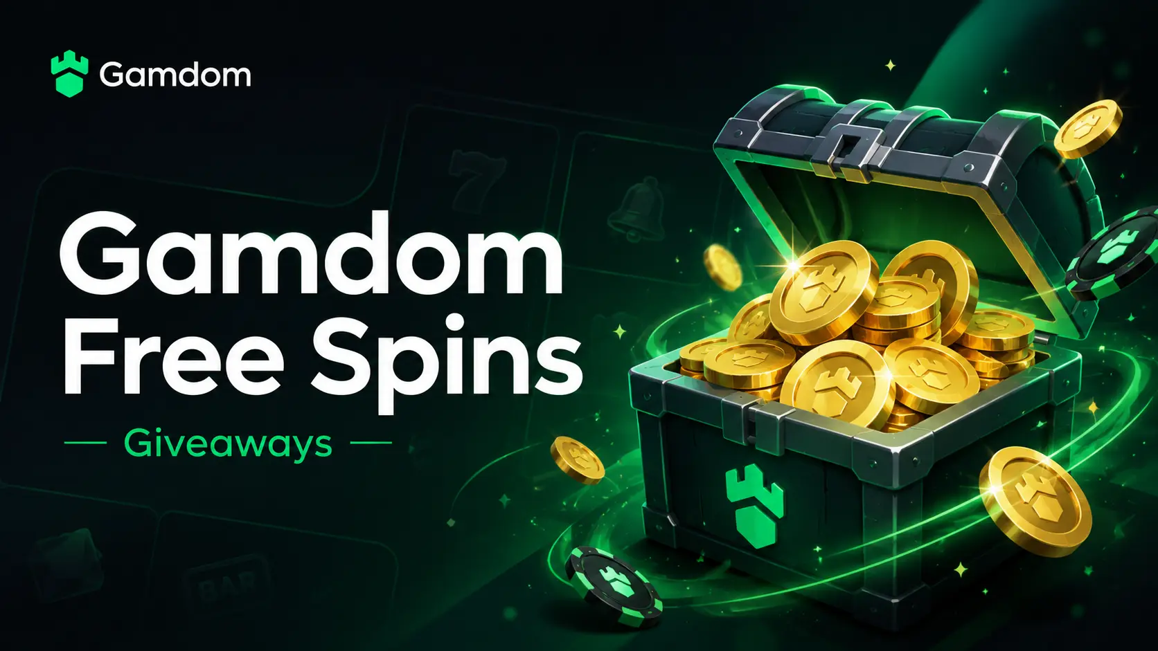 Gamdom free spins giveaways promotional banner with treasure chest of coins