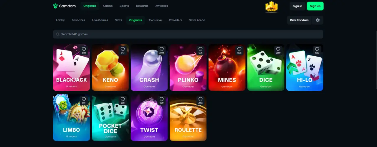 Gamdom Originals games including Blackjack, Keno, Crash, Plinko, Mines and Dice