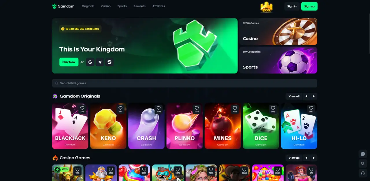 Gamdom casino lobby with Originals, casino and sports sections