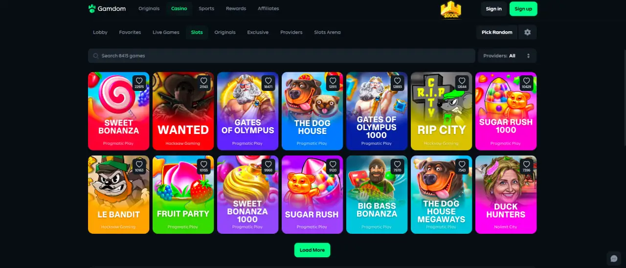 Gamdom slots lobby with Sweet Bonanza, Gates of Olympus and other popular titles