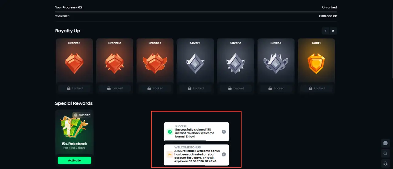 Gamdom confirmation messages after the 15% rakeback welcome bonus is activated
