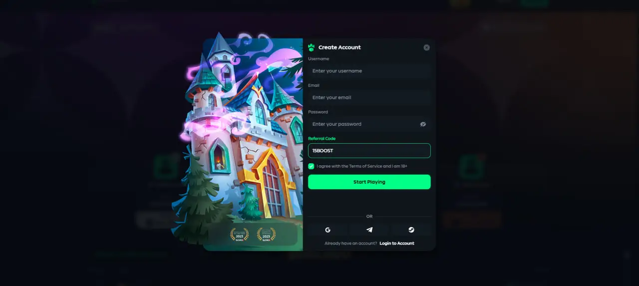 Referral Code field with 15BOOST entered during Gamdom registration