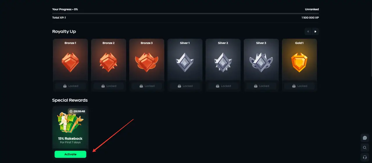 Special Rewards section in the Gamdom account with the 15% Rakeback activation card